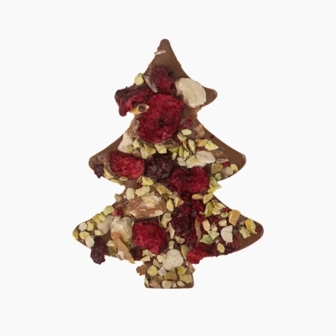 Choinka z mlecznej czekolady z wiśnią, migdałem i kruszoną pistacją